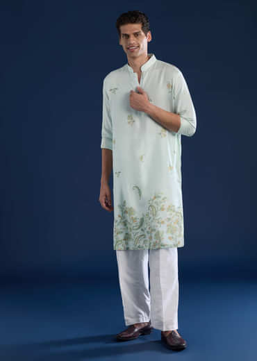 Pista Green Printed Mens Kurta and Pant Set