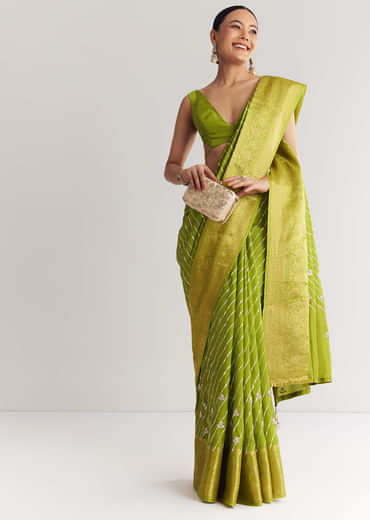 Pista Green Saree With Lehariya Print And Floral Gotapatti And Moti Work.