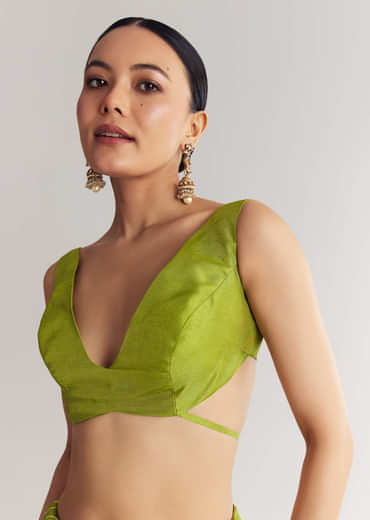 Pista Green Saree With Lehariya Print And Floral Gotapatti And Moti Work.