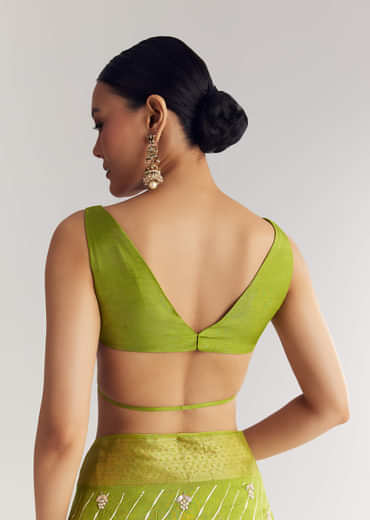 Pista Green Saree With Lehariya Print And Floral Gotapatti And Moti Work.