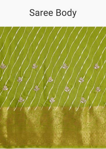Pista Green Saree With Lehariya Print And Floral Gotapatti And Moti Work.
