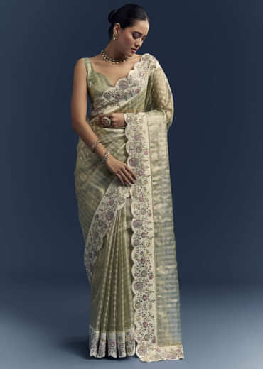 Pista Green Tissue Organza Woven Saree With Heavy Hand Embroidery