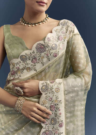 Pista Green Tissue Organza Woven Saree With Heavy Hand Embroidery