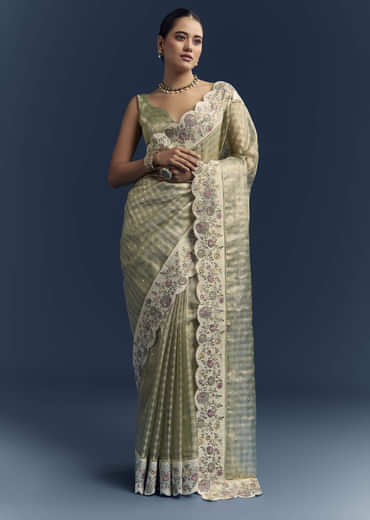 Pista Green Tissue Organza Woven Saree With Heavy Hand Embroidery