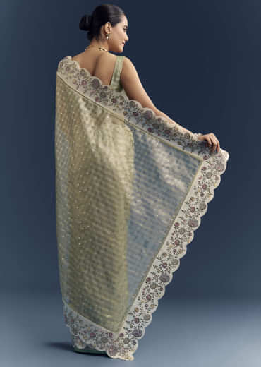 Pista Green Tissue Organza Woven Saree With Heavy Hand Embroidery