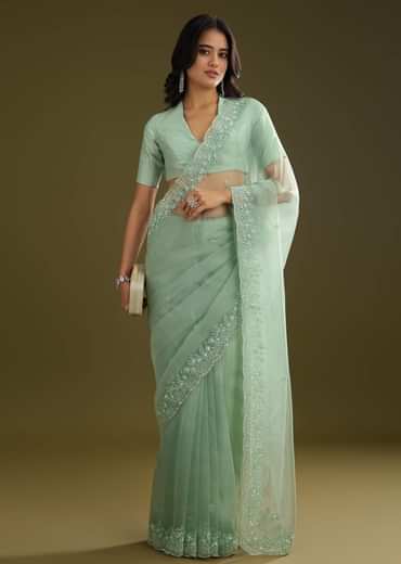 Pista Green Tissue Saree With Embroidered Scallop Border
