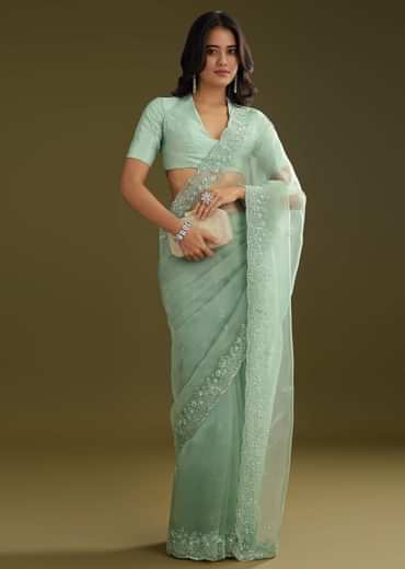 Pista Green Tissue Saree With Embroidered Scallop Border