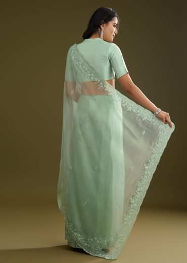 Pista Green Tissue Saree With Embroidered Scallop Border