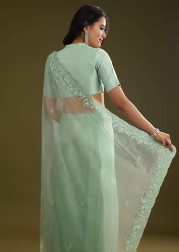 Pista Green Tissue Saree With Embroidered Scallop Border