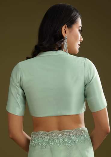 Pista Green Tissue Saree With Embroidered Scallop Border