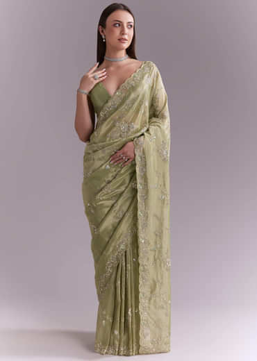 Pista Green Tissue Saree With Heavy Floral Embroidery