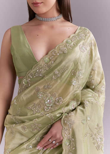 Pista Green Tissue Saree With Heavy Floral Embroidery