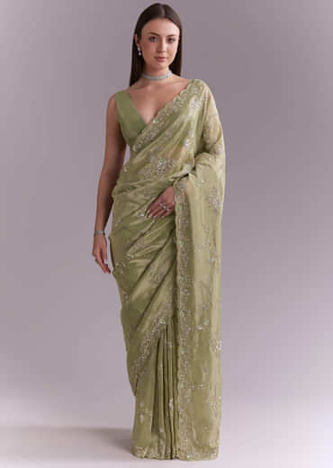 Pista Green Tissue Saree With Heavy Floral Embroidery