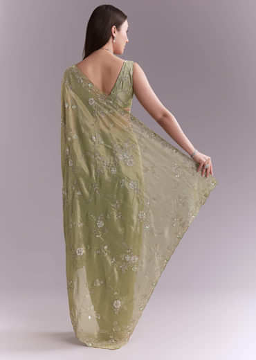 Pista Green Tissue Saree With Heavy Floral Embroidery