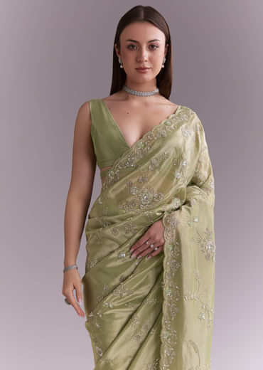 Pista Green Tissue Saree With Heavy Floral Embroidery
