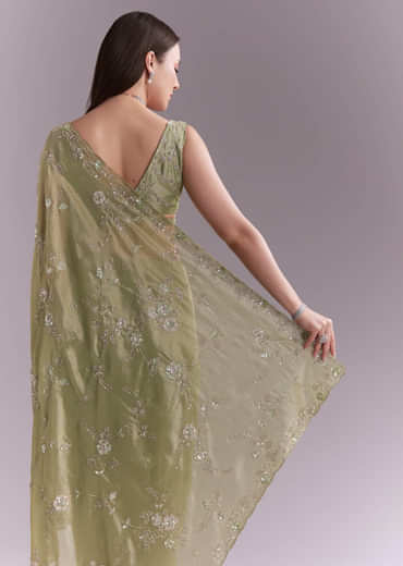 Pista Green Tissue Saree With Heavy Floral Embroidery