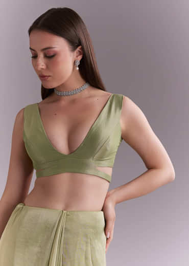 Pista Green Tissue Saree With Heavy Floral Embroidery