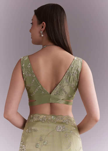 Pista Green Tissue Saree With Heavy Floral Embroidery