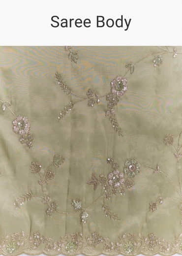Pista Green Tissue Saree With Heavy Floral Embroidery