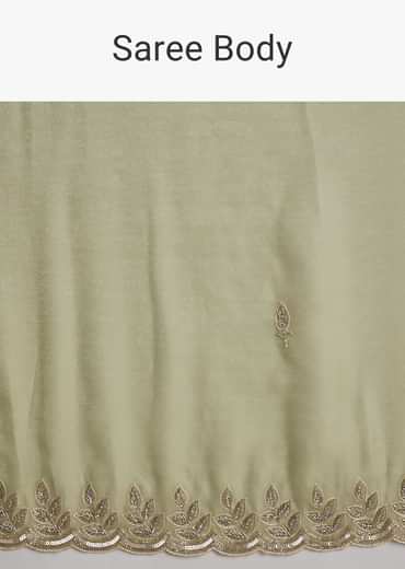 Pista Green Tissue Saree With Leaf Motif Embroidery In Sequins And Cutdana