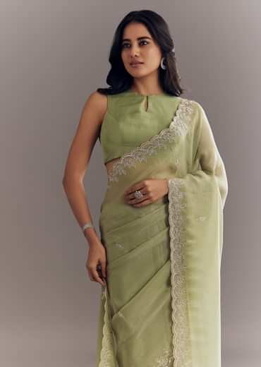 Pista Green Tissue Saree With Leaf Motif Embroidery In Sequins And Cutdana