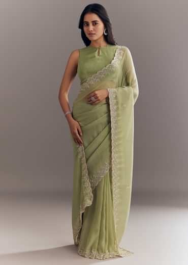Pista Green Tissue Saree With Leaf Motif Embroidery In Sequins And Cutdana