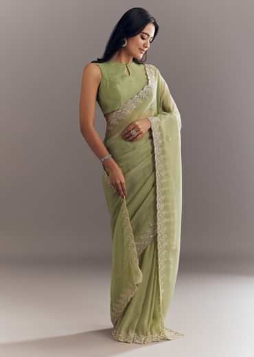 Pista Green Tissue Saree With Leaf Motif Embroidery In Sequins And Cutdana