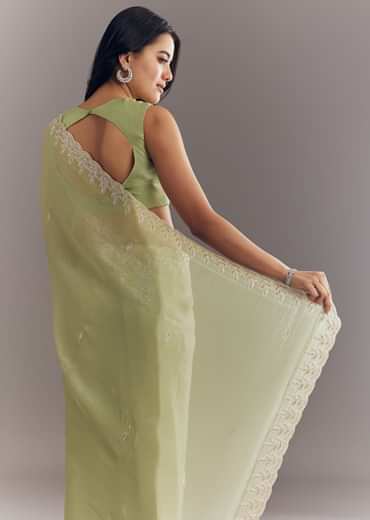 Pista Green Tissue Saree With Leaf Motif Embroidery In Sequins And Cutdana