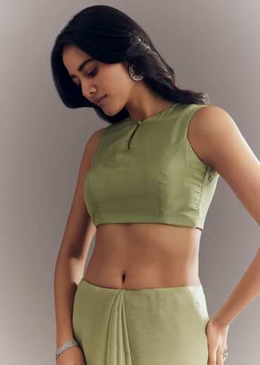 Pista Green Tissue Saree With Leaf Motif Embroidery In Sequins And Cutdana