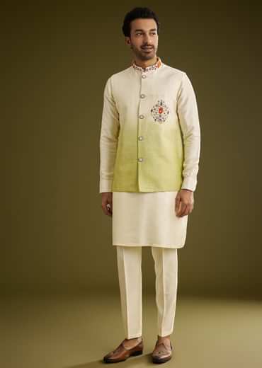 Pista Ombre Green Silk Kurta Jacket Set With Thread Work