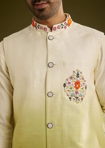 Pista Ombre Green Silk Kurta Jacket Set With Thread Work