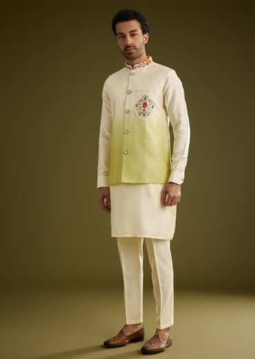 Pista Ombre Green Silk Kurta Jacket Set With Thread Work
