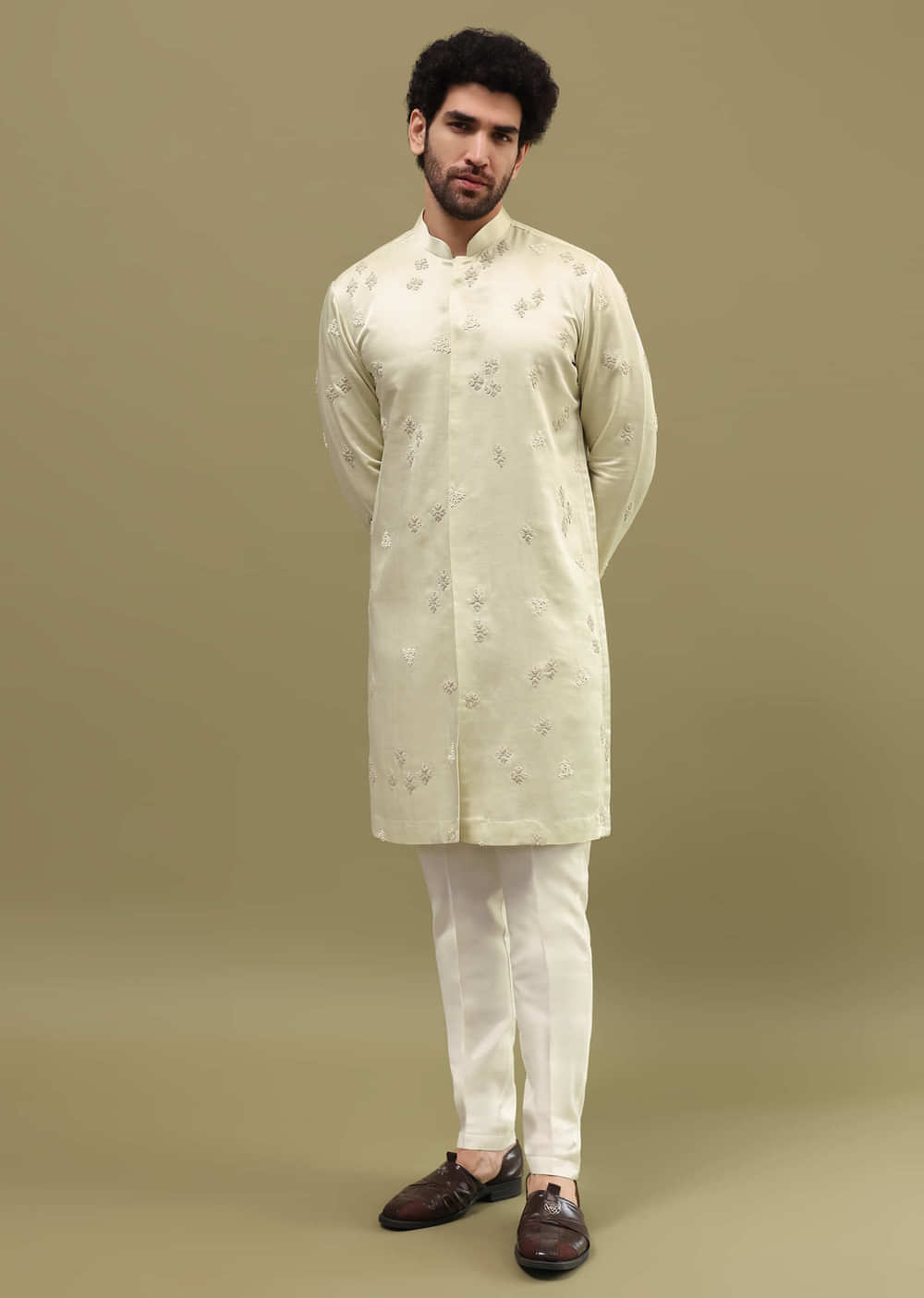 Pista Green Bud Embroidered Silk Kurta Set For Men