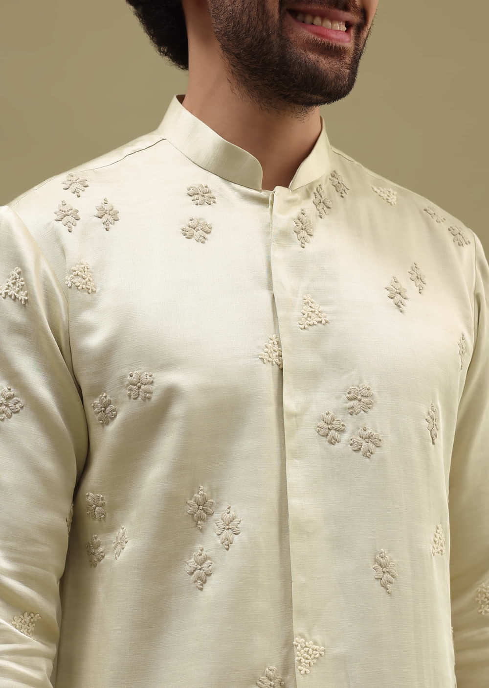 Pista Green Bud Embroidered Silk Kurta Set For Men
