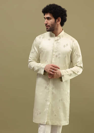 Pista Green Bud Embroidered Silk Kurta Set For Men