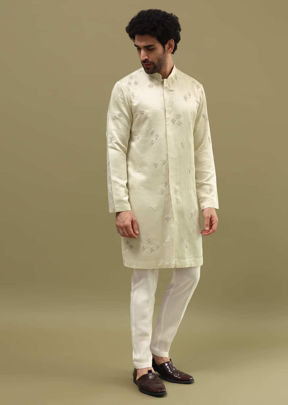 Pista Green Bud Embroidered Silk Kurta Set For Men