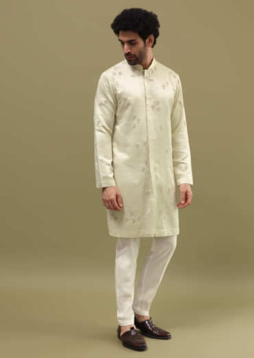 Pista Green Bud Embroidered Silk Kurta Set For Men