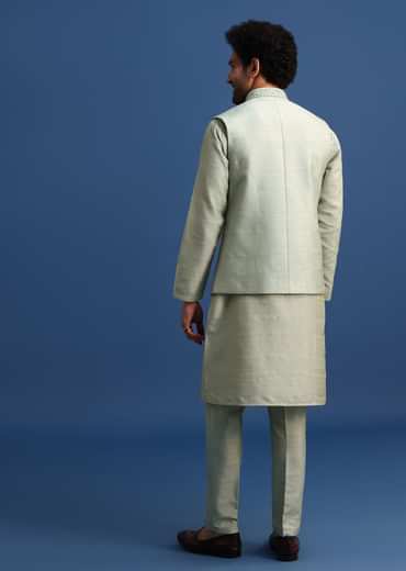 Pista Green Cotton Silk Kurta Jacket Set With Resham And Mirror Work