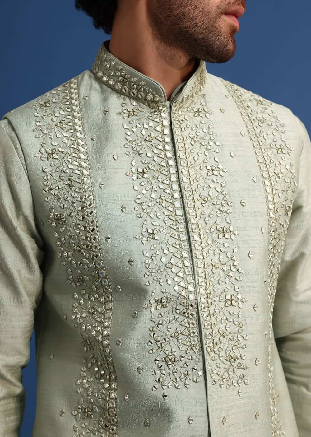 Pista Green Cotton Silk Kurta Jacket Set With Resham And Mirror Work