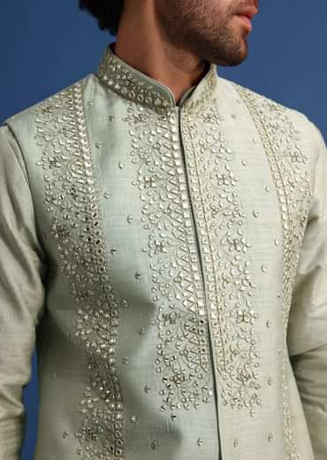 Pista Green Cotton Silk Kurta Jacket Set With Resham And Mirror Work