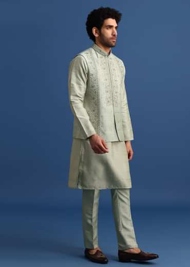 Pista Green Cotton Silk Kurta Jacket Set With Resham And Mirror Work