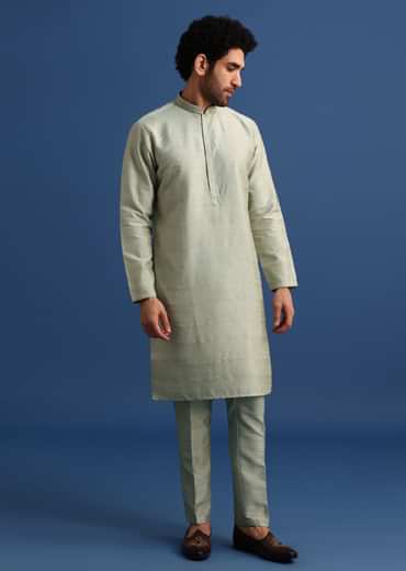 Pista Green Cotton Silk Kurta Jacket Set With Resham And Mirror Work