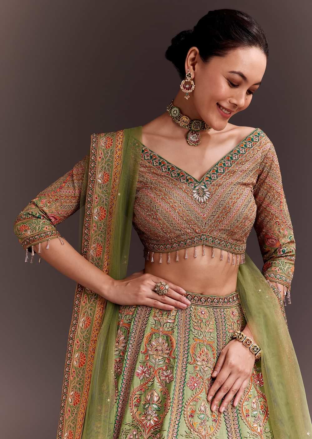 Pista Green Embroidered Lehenga Set