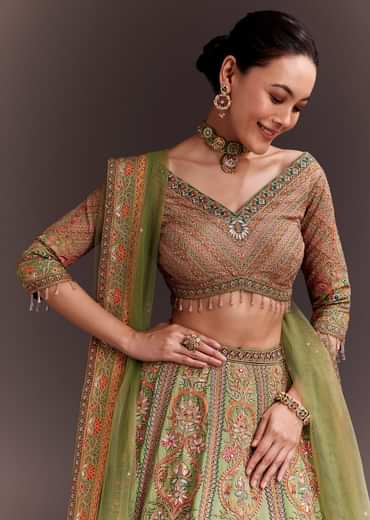 Pista Green Embroidered Lehenga Set