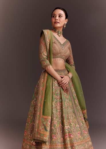 Pista Green Embroidered Lehenga Set
