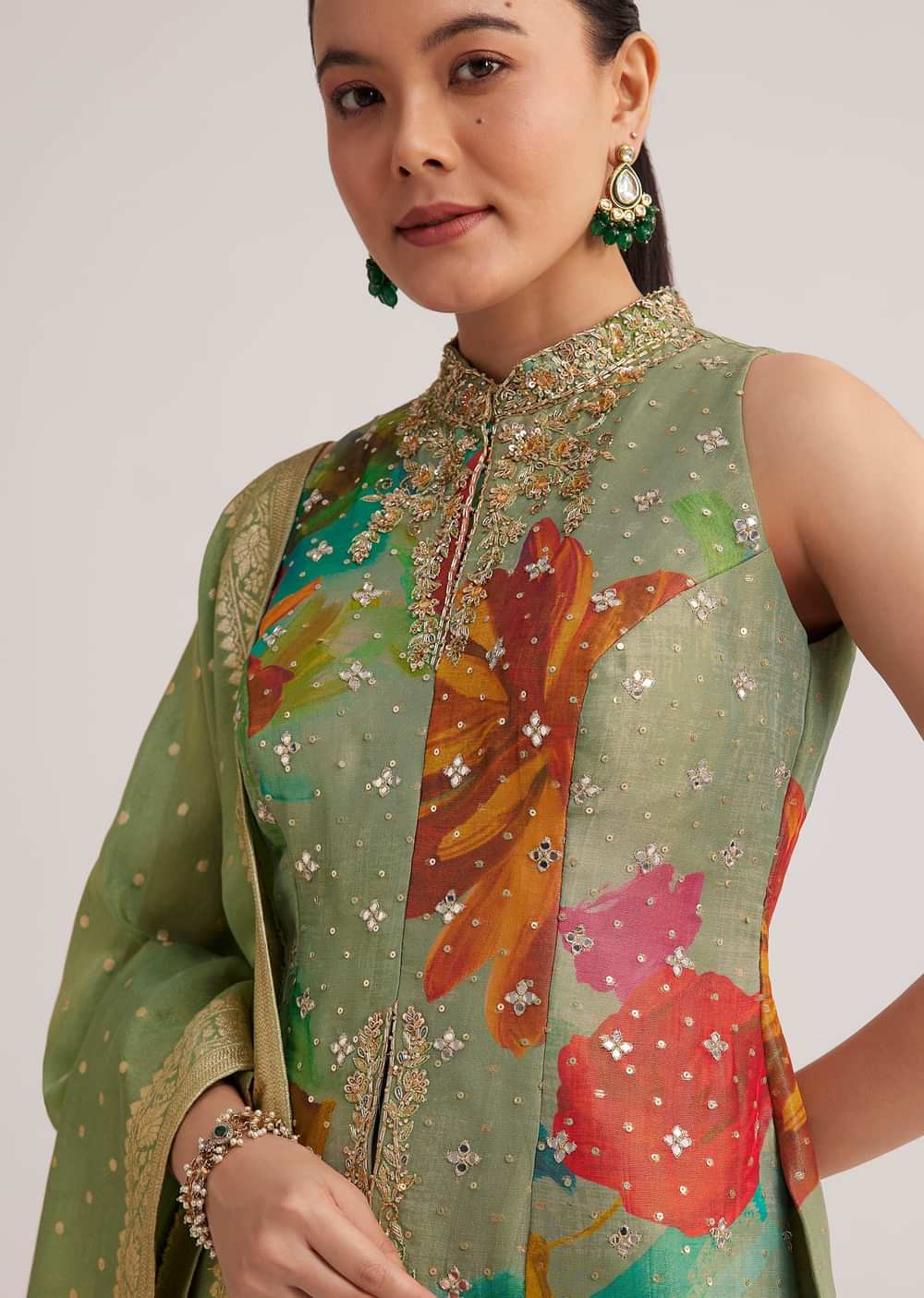 Pista Green Floral Embroidered Palazzo Set