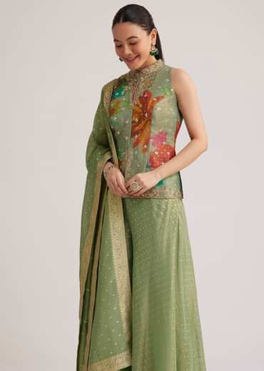 Pista Green Floral Embroidered Palazzo Set