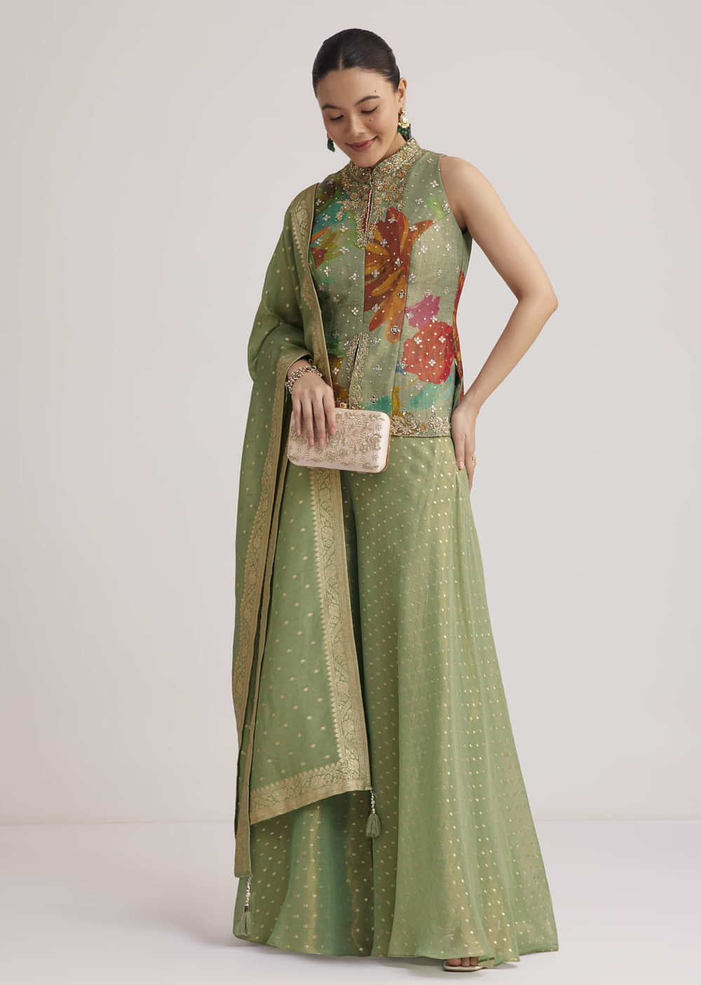 Pista Green Floral Embroidered Palazzo Set