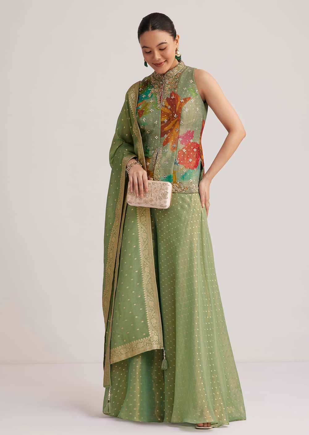 Pista Green Floral Embroidered Palazzo Set