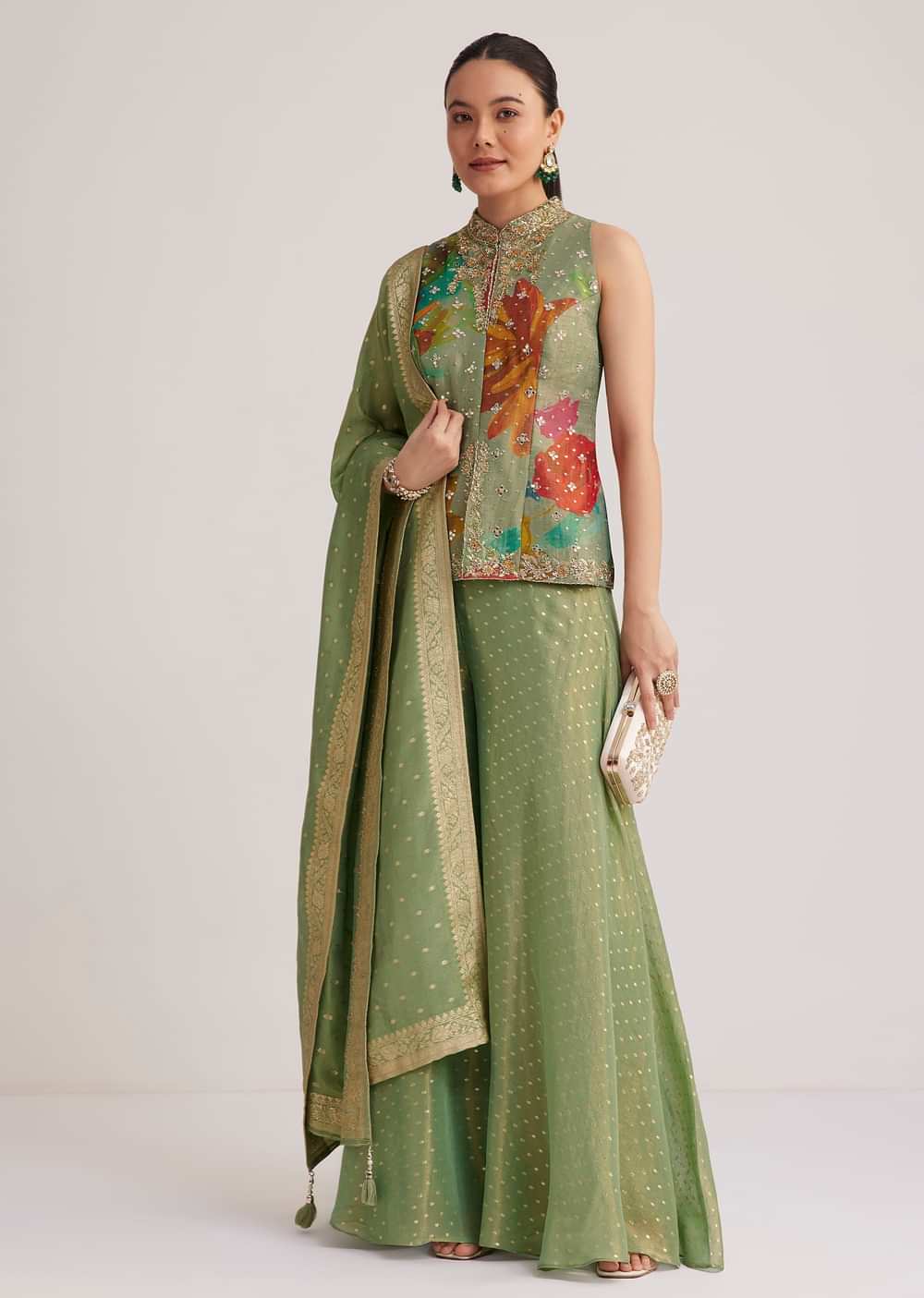 Pista Green Floral Embroidered Palazzo Set